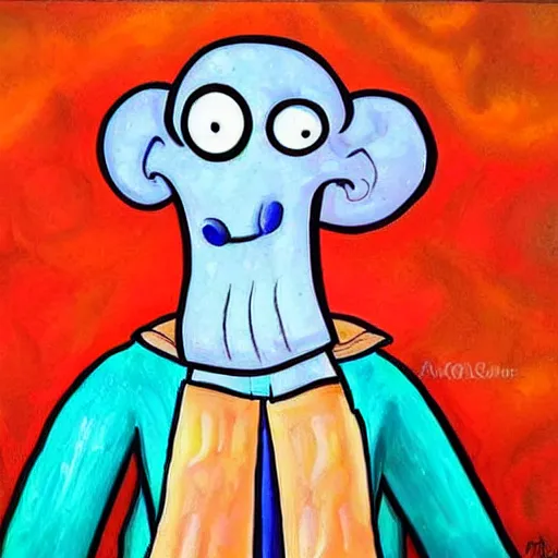 Prompt: handsome squidward portrait, painting, colorful