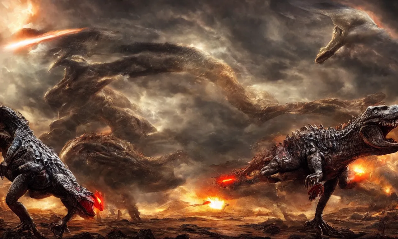 Prompt: prehistoric alien yajuta predator battling a tyrannosaurus, dinosaur slayer, volcanic landscape, dynamic storm clouds vortex, meteor asteroids crashing, epic cinematic matte painting,