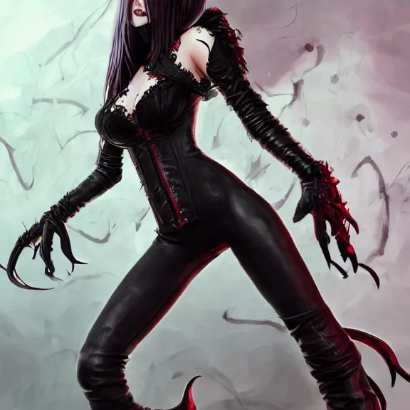 Prompt: A female vampire with generous cleavage in a leather pants, with a black leather jacket, big fangs dropping blood, devil wings , D&D , fantasy , highly detailed, digital art, artstation, smooth, sharp focus, fantasy illustration, art by Peter Tang and artgem and Alina Ivanchenko and Hirokazu Yokohara and Kago Shintaro