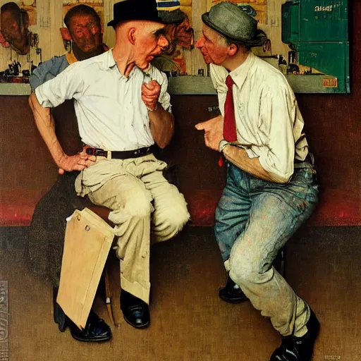 Image similar to an oil painting of two gentlemen arguing , by Norman Rockwell