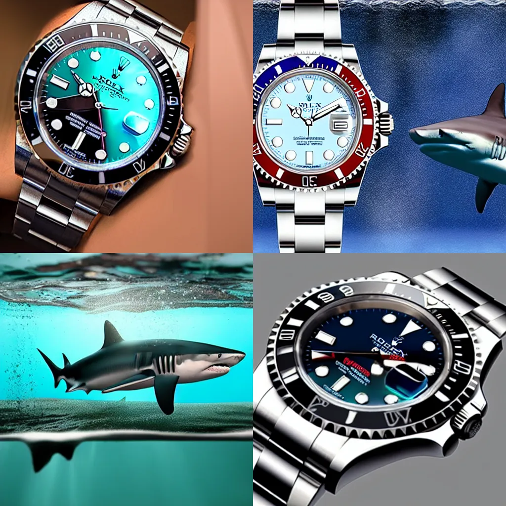 Prompt: rolex watch submerged in transparent water, ultra realistic, dark colors, shark in the background