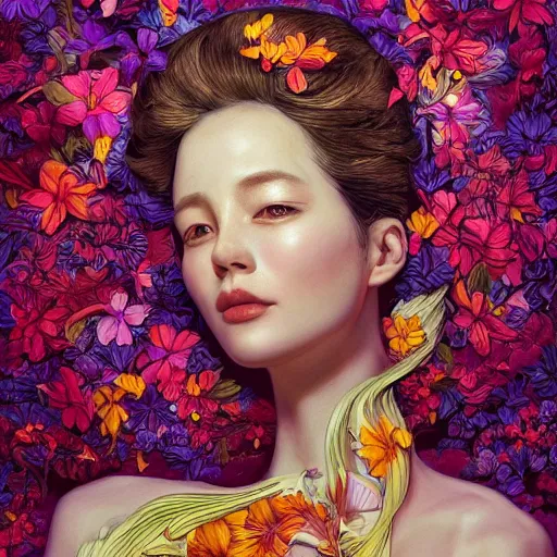 Image similar to the portrait of an absurdly beautiful, graceful, elegant, and sophisticated woman made of bananas and petals, an ultrafine detailed illustration by kim jung gi, irakli nadar, intricate linework, bright colors, final fantasy, behance contest winner, angular, unreal engine 5 highly rendered, global illumination, radiant light, detailed and intricate environment