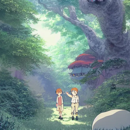 Prompt: friendly guy and small creature in the studio ghibli movie art smooth 8k highly detailed, detailed face, beautiful scene, forest, fantasy, details, anime,