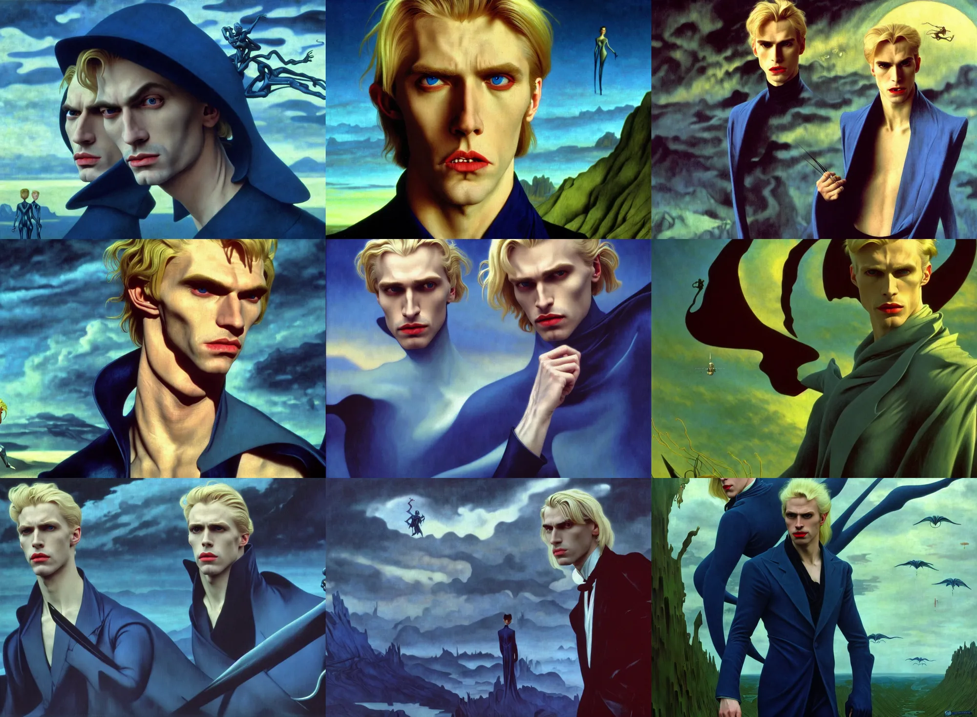 Prompt: realistic detailed portrait movie shot of an elegant blond male vampire, sci fi landscape background by denis villeneuve, jean deville, amano, yves tanguy, alphonse mucha, max ernst, caravaggio, roger dean, masterpiece, rich moody colours, blue eyes