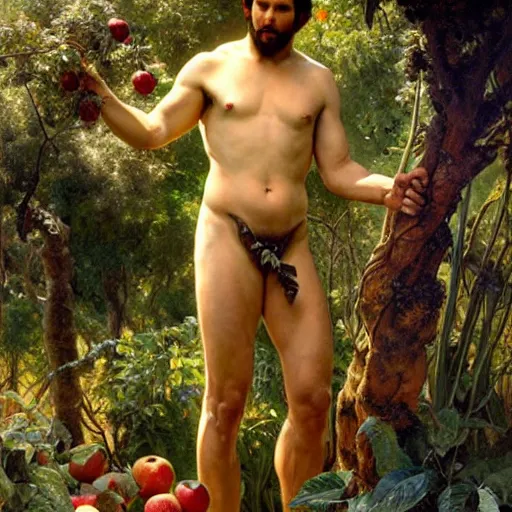 Image similar to muscular paul rudd as the biblical adam in the garden of eden, abundant apple trees, natural lighting, path traced, highly detailed, high quality, digital painting, by gaston bussiere, craig mullins, alphonse mucha j. c. leyendecker, tom of finland