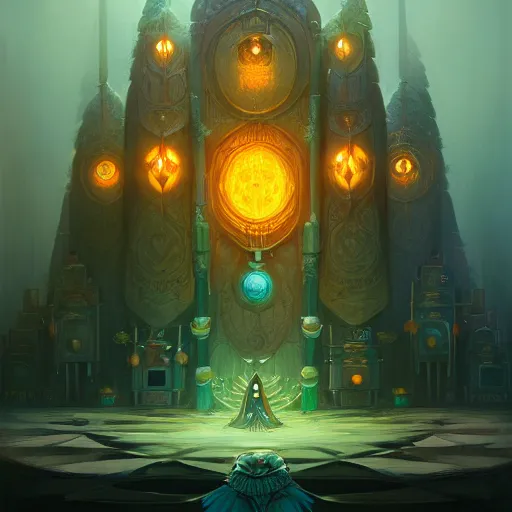 Prompt: Throne Room of the Shaman Owl King, cinematic concept art, matte painting, trending on Artstation, wide angle shot, by Peter Mohrbacher