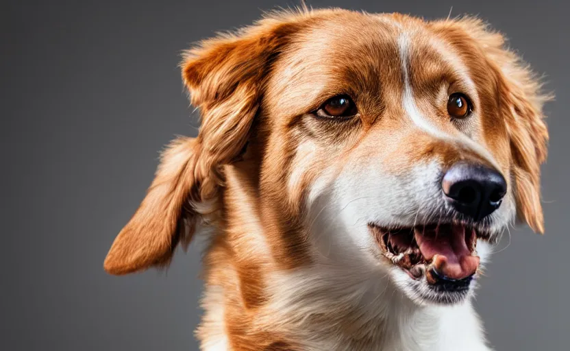 Prompt: studio photography of a happy dog, detailed face, 8 k