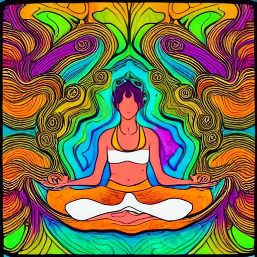 Prompt: a psychedelic illustration of my lehrman doing yoga, medium long brown orange hair, green eyes, round face, thin eyebrows, vivid colors, dramatic, intricate, detailed, art by my lehrman