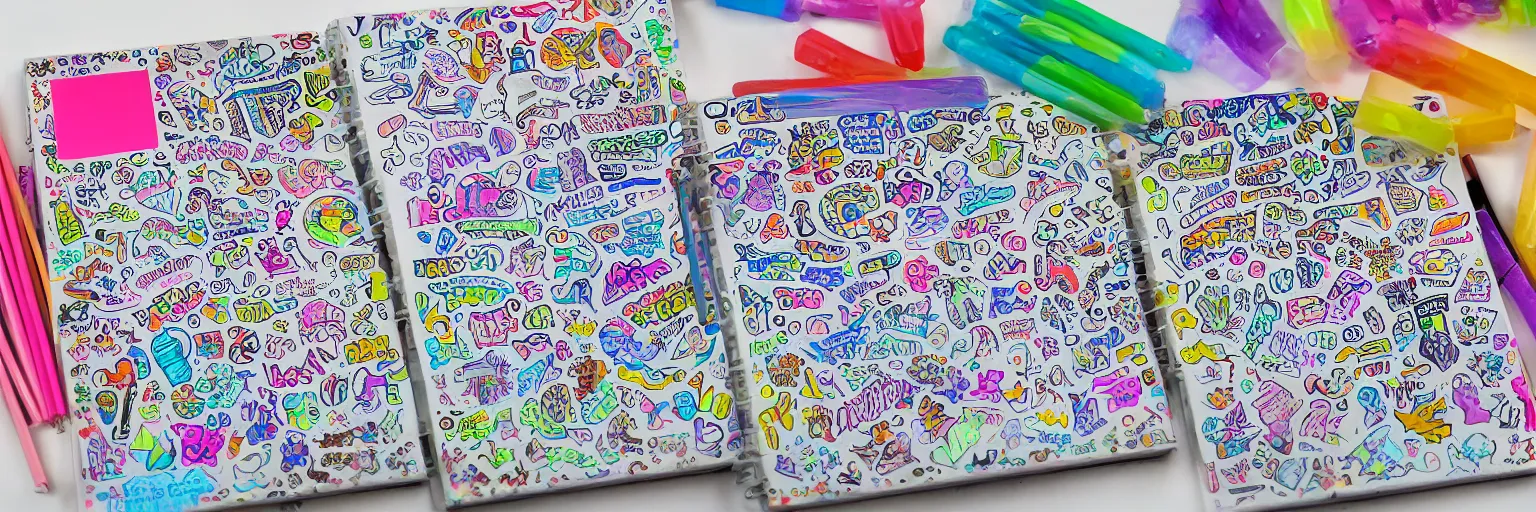 Image similar to a school notebook covered in doodles, stickers, glitter, and holographic stickers