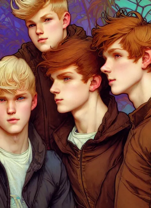 Prompt: close up portrait of mischievous male teen triplets, three teenagers - blond boy, brunette boy and redhead boy, ambercrombie by artgerm, cushart krenz, greg rutkowski, mucha. art nouveau. gloomhaven, tropical atmosphere, natural tones, vibrant colors, sharp edges. ultra clear detailed. 8 k. elegant, intricate, octane render