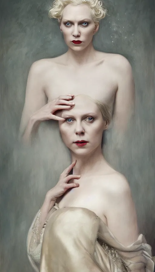 Prompt: exquisite oil painting on canvas of gwendoline christie portraying lucifer, woman's portrait, gorgeous face, goldilocks, porcelain looking skin, piercing gaze, unique and intricate painting, stunning ivory dress, elegant, majestic, 4 k, ultra high quality, canon, hyperrealist, by annie leibovitz