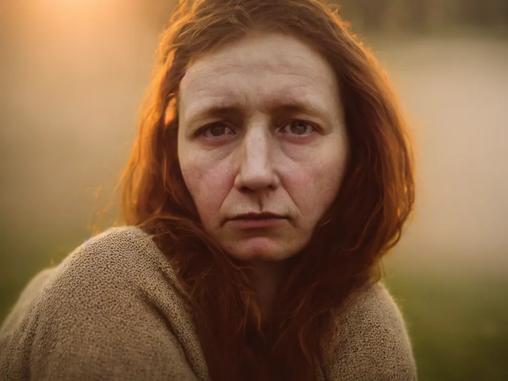 Prompt: close up portrait bust of woman sitting on fence, tired expression, faded color film, russian cinema, tarkovsky, technicolor, heavy forest, wood cabin in distance, shallow depth of field, long brown hair, old clothing, heavy fog, brown color palette, sunset, low light, hudson river school, 4 k, dramatic lighting