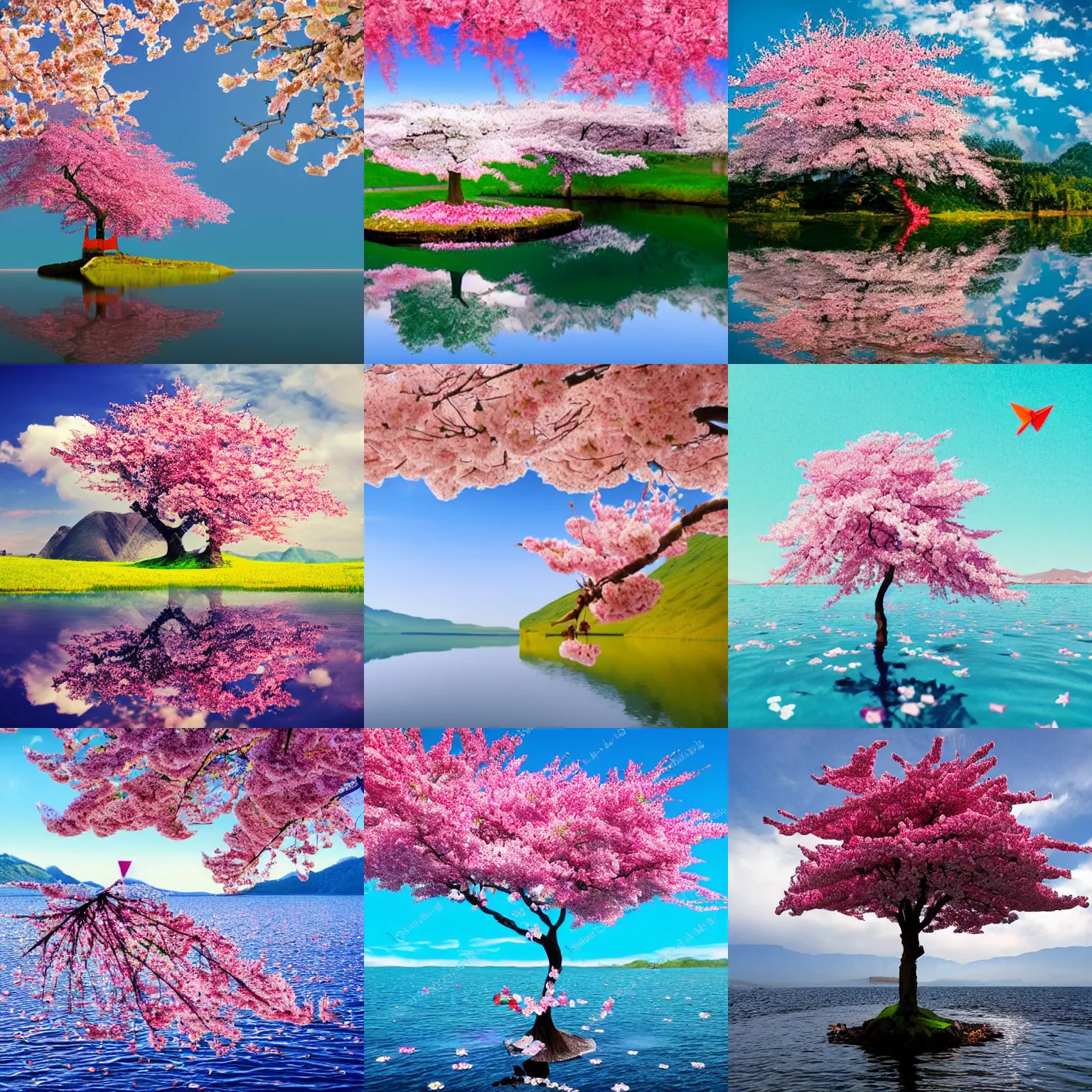 Prompt: blossoming cherry tree with origami flowers, island in a lake, peaceful, colorful