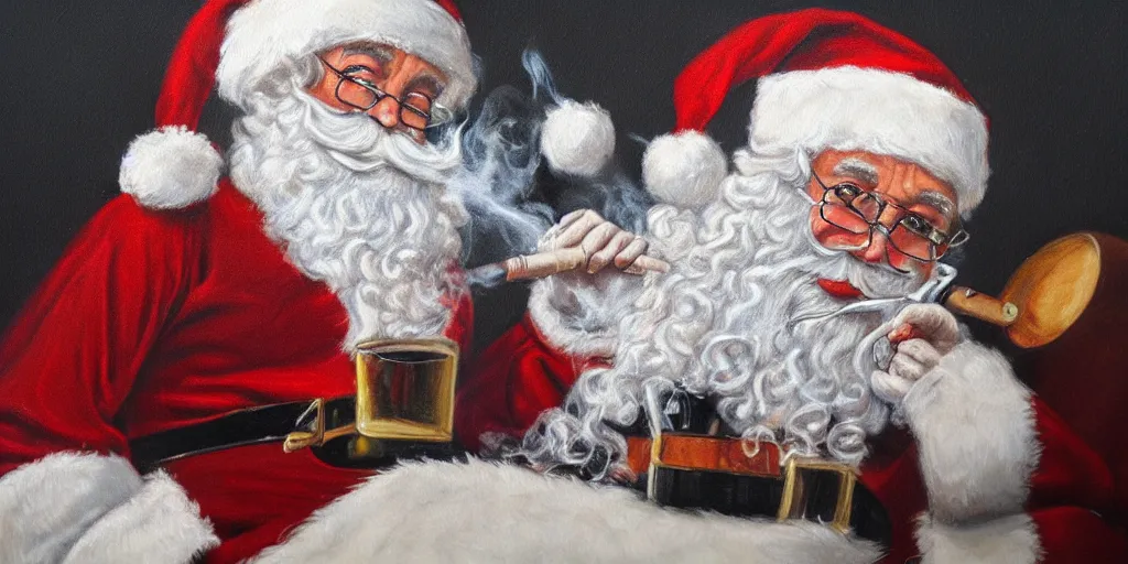 Prompt: Santa smoking a joint, cinematic lighting, detailed oil painting, hyperrealistic, 8k