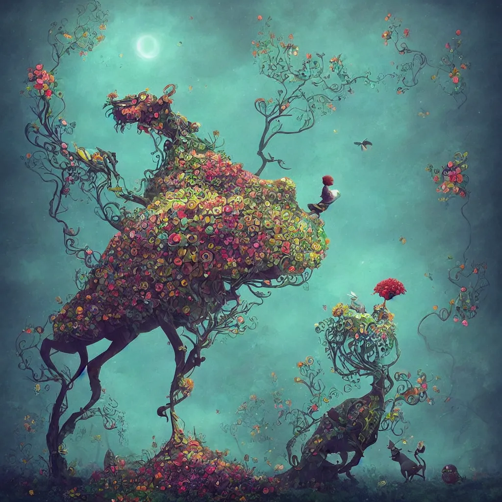 Image similar to low poly, surreal hybrid animals, nostalgia for a fairytale, magic realism, flowerpunk, mysterious vivid colors by andy kehoe and amanda clarke en un mundo de Gediminas Pranckevicius