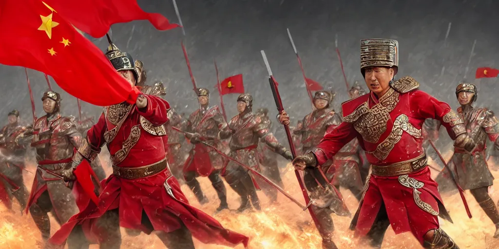Prompt: mid shot cinematic artwork of a President Xi commanding an ancient Chinese army wearing red armor and holding red flags on the battlefield by greg rutowski, masterpiece, 4k
