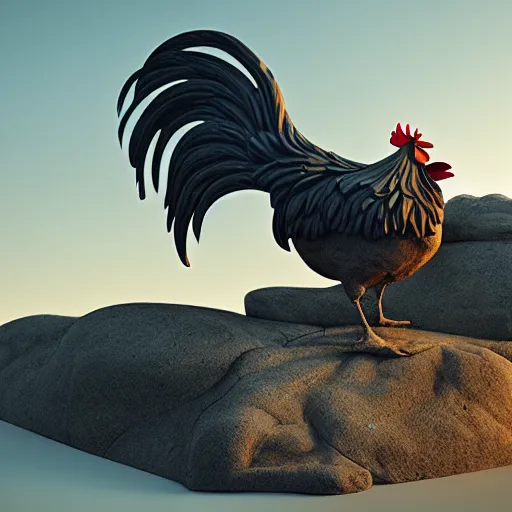 Prompt: a powerful rooster rock statue that looks like a creative / designer, hasselblad photo, 8 k resolution, octane render, character design, digital art