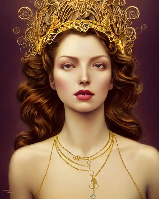 Prompt: a beautiful goldish woman, pinup pose, long hair, tall and thin, wearing dozens of pendants and a gown of gold, small delicate crown of the sea on her head, illustration, symmetry accurate features, volumetric light clouds, ultra realist soft painting, (art nouveau), octane render, 8k, HD, by Tom Bagshaw, Brom, Charlie Bowater, faces by otto schmidt