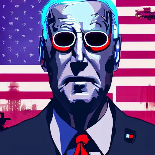 Prompt: Cyborg Joe Biden in Cyberpunk America, dystopia, future, high technology, artstation