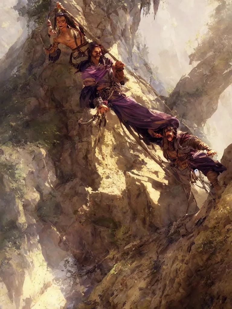 Image similar to oil art close - up portrait of one single young roma mage adventurer climbing down a cliffside in style of disco elysium character, gipsy jester character design from ravenloft, art by anders zorn, wonderful masterpiece by greg rutkowski, beautiful cinematic light, american romanticism by greg manchess, jessica rossier