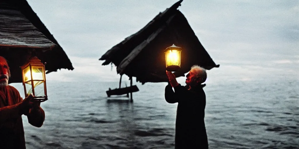 Image similar to film still of closeup old man holding up lantern by his beach hut at night. pirate ship in the ocean by emmanuel lubezki