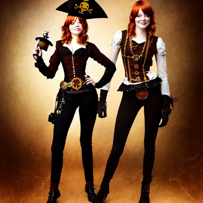 Prompt: full body photograph of emma stone as a steampunk pirate. Extremely detailed. 8k