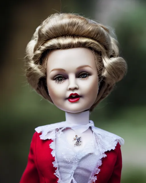 Image similar to high quality presentation photo of a cute Hilary clinton porcelain doll in the style of mark ryden photography 4k, f1.8 anamorphic, bokeh, 4k, Canon, Nikon