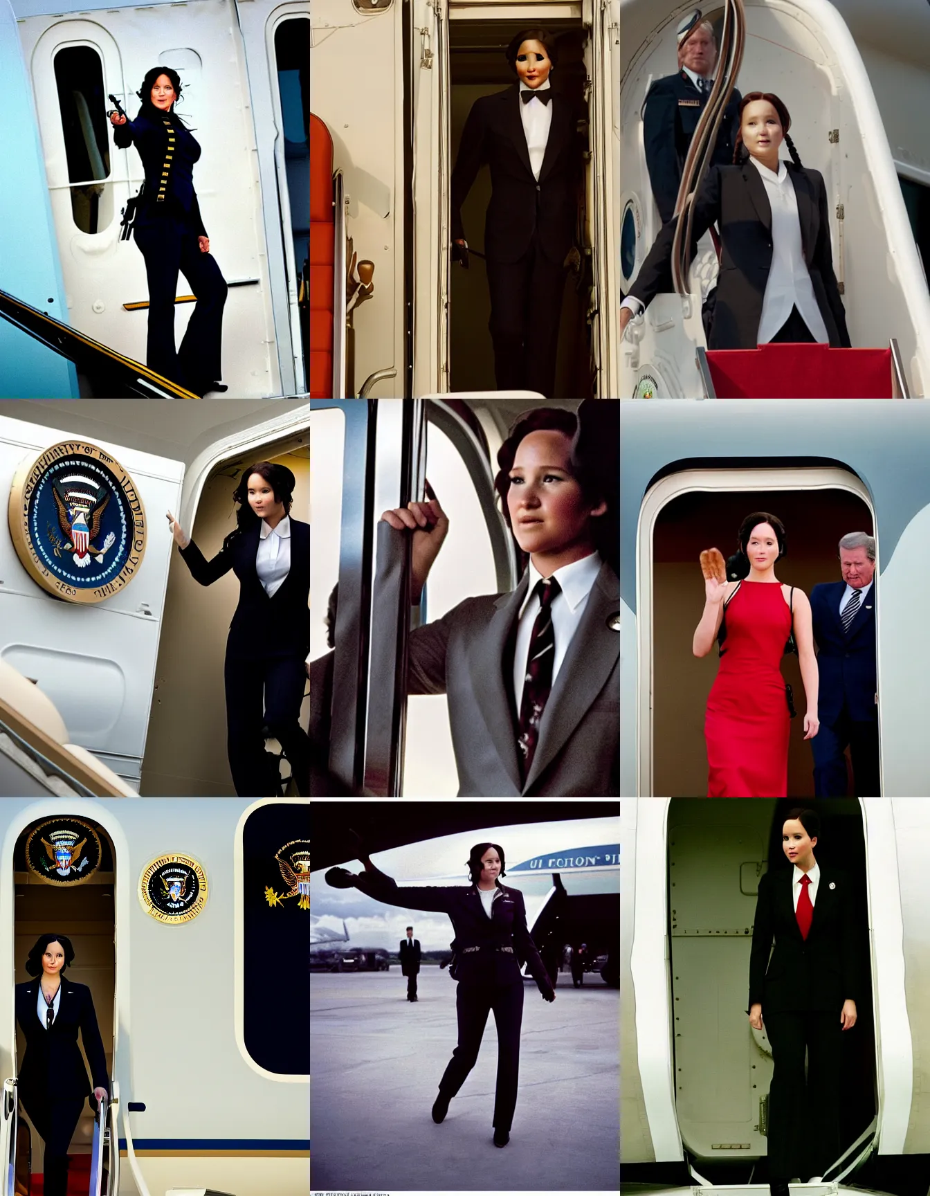 Prompt: katniss everdeen as the president of the united states, wearing a suit and tie, exiting air force one, photography by steve mccurry