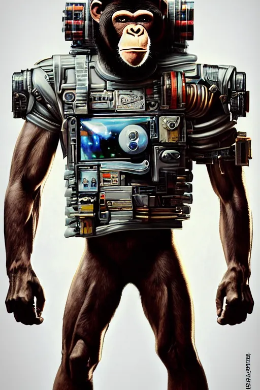 Image similar to a portrait of a muscular anthropomorphic cyberpunk chimp in spacesuit armor with ensignia on chest plate by sandra chevrier, by jon foster, detailed render, pistol in holster, extremely hyperdetailed, tape deck, epic composition, cybernetics, 4 k realistic, cryengine, realistic shaded lighting, sharp focus, masterpiece, by enki bilal