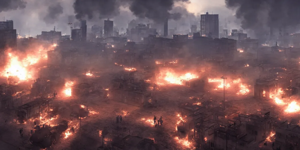 Image similar to tanks burning city, army, crowds of people, banners, volumetric lighting, unreal engine, realistic