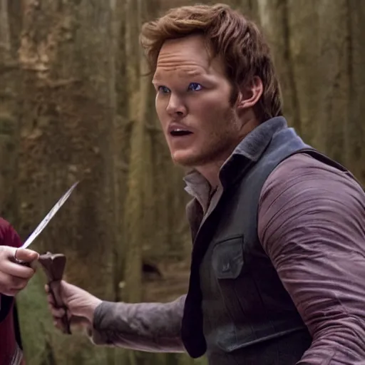 Prompt: Chris Pratt in the movie Harry Potter And The Prisoner Of Azkaban, dueling with Malfoy