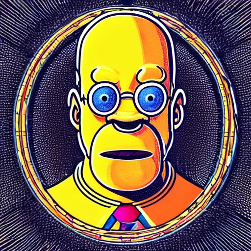 Prompt: a symmetrical portrait illustration of homer simpson hand drawn sketch on artstation 4 k intricate extremely detailed digital art by alex grey infinite wisdom sacred geometry