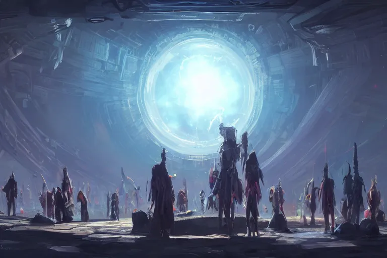 Image similar to D&D party faces a giant Dyson Sphere Megastructure Ominously Glowing, digital art, dark atmosphere by Marby Kwong, (((((((Makoto Shinkai Raphael Lacoste Martin Deschambault Finnian MacManus ArtStationhq IAMAG