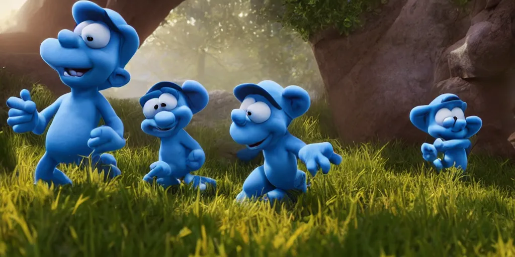 Prompt: smurfs in the unreal engine, 8k, high detail, volumetric lighting, lensflare