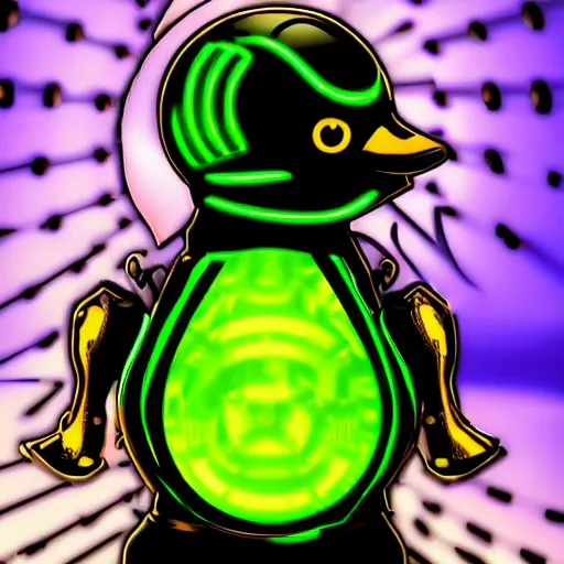 Image similar to a cybertronic duck, metallic, glowing eyes, high detail