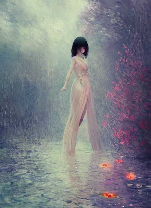 Image similar to lee jin - eun wearing luxurious dress emerging from pink water with cyberpunk theme by greg rutkowski, claude monet, conrad roset, takato yomamoto, rule of thirds, seductive look, beautiful, sakura flowers, dreamy,