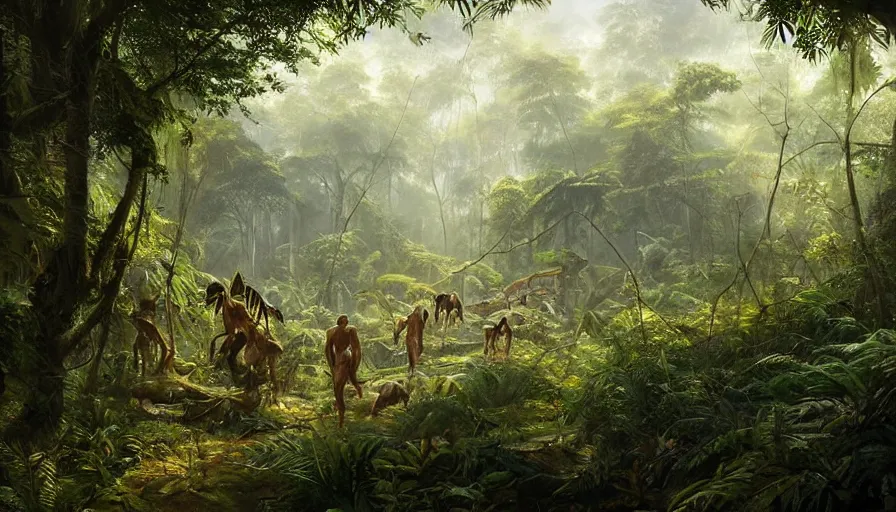 Image similar to a beautiful painting of an archaeological evolution in a lush jungle, ray traced lighting by kalin popov and greg rutkowski