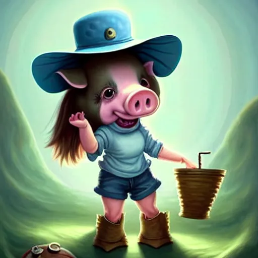 Image similar to cute little anthropomorphic funny female pig wearing shorts, a hat, boots and a pale blue shirt!! tiny!! fully clothed!!! small, short, cute and adorable, character art portrait, matte fantasy painting, deviantart artstation, by jason felix by steve argyle by tyler jacobson by peter mohrbacher, cinema