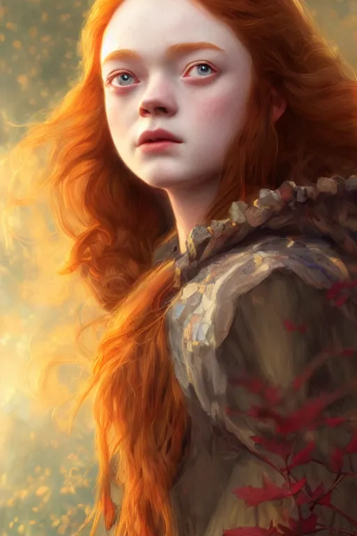 Image similar to sadie sink goddess of the autumn twilight, highly detailed, digital painting, artstation, concept art, smooth, sharp focus, illustration, unreal engine 5, 8 k, art by artgerm and greg rutkowski and edgar maxence