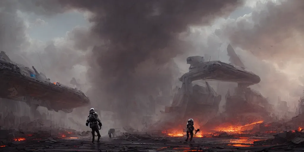 Prompt: a painting of a cinematic keyframe of a storm trooper walking into a destroyed sci - fi city, with fire by greg rutkowski, rule of thirds, golden ratio, ambient lighting, wlop, artgerm, artstation, highly detailed masterpiece, dark fantasy art, high detail, trending on artstation