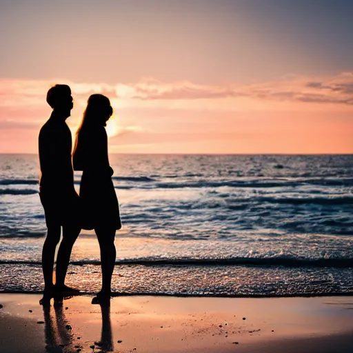 Prompt: Portrait of of a young 22 year old couple on the beach, face facing the ocean, sunrise, ray tracing, uplifting mood, happiness, majestic, 16k