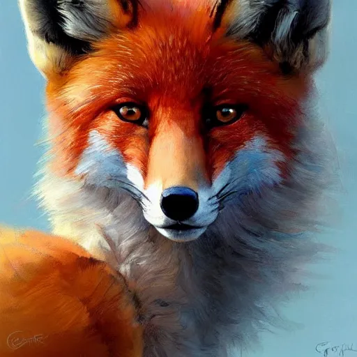 Prompt: A head-on detailed oil portrait of a beautiful fox with pale blue eyes and long yellow hair by greg rutkowski and artgerm, trending on artstation