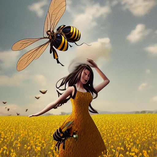 Prompt: a girl in a yellow dress riding a giant bee in the field, trending on artstation