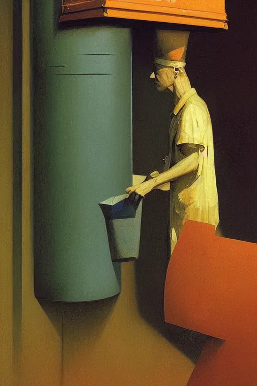 Image similar to a man wearing a trash bin through her head Edward Hopper and James Gilleard, Zdzislaw Beksinski highly detailed