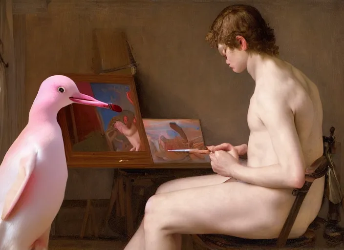 Prompt: a young painter in his studio painting a picture of a pink penguin, by edgar maxence and caravaggio and michael whelan and delacroix style, artistic, intricate drawing, cinematic lighting, hyper realistic, extremely detailed, establishing shot, 8 k resolution, dramatic lighting