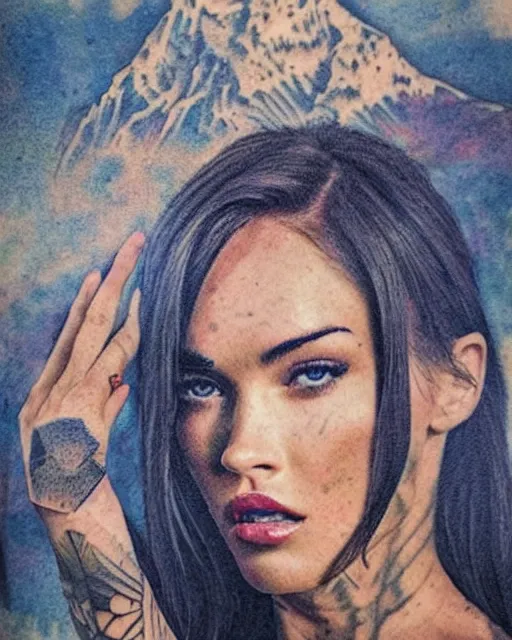 Image similar to double exposure effect tattoo sketch of a megan fox blended with a beautiful mountain scenery, surreal, in the style of matteo pasqualin, amazing detail, sharp