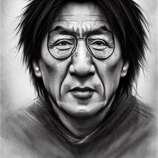 Image similar to surrealism grunge cartoon portrait sketch of Jackie Chan, by michael karcz, loony toons style, freddy krueger style, horror theme, detailed, elegant, intricate