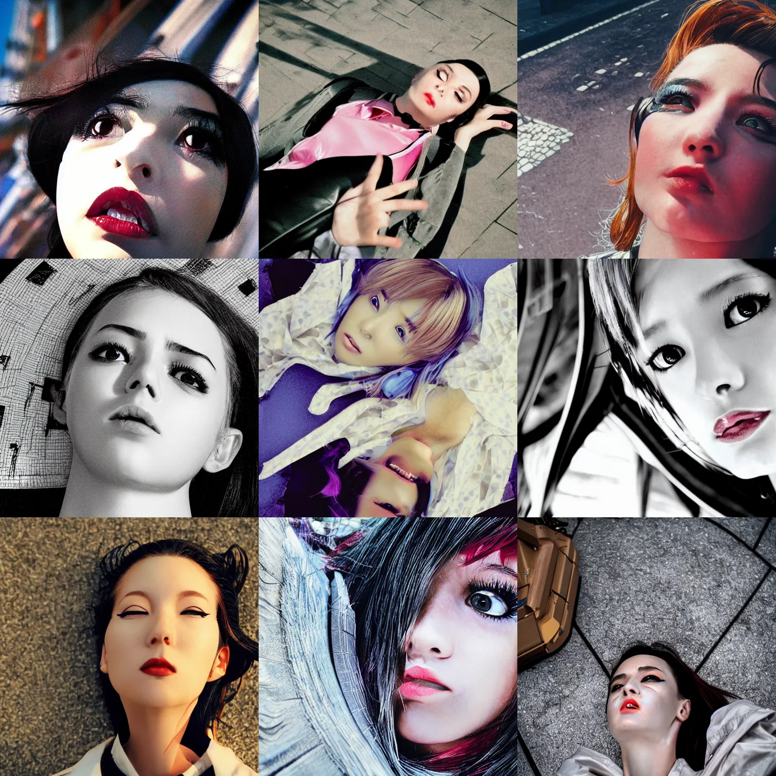 Prompt: beautiful lying on ground extreme closeup portrait photo in style of 1990s frontiers in retrofuturism tokyo seinen manga street photography fashion wachowski edition, highly detailed, focus on pursed lips, eye contact, soft lighting