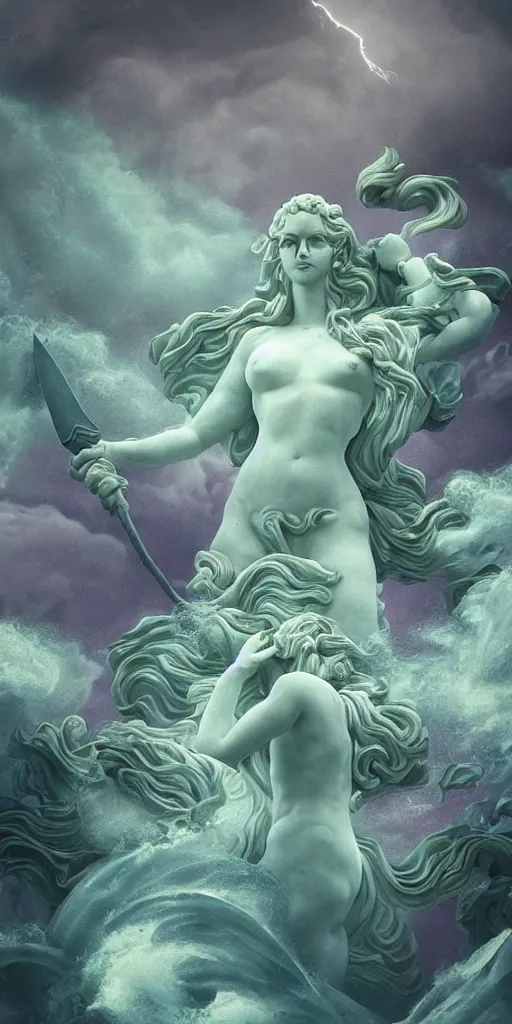 Image similar to gigantic marble statue of the goddess of the sea wielding a trident on an island. roiling waves at the base. scene lit by lightning. thunderclouds in the background. fantasy setting. magicians praying to the statue. purples and greens. fantasy aesthetic. extremely detailed. 4 k. digital art.