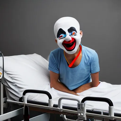 Image similar to confused laughing clown lying in hospital bed with wrist restraints on, restraint fabric straps attached to hospital bed, photograph, 8 k